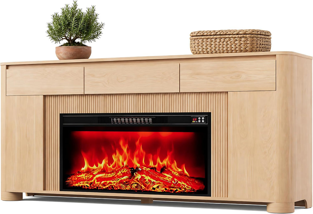 YANSNWO 70" Fireplace TV Stand for TVs Up to 80", Natural Oak