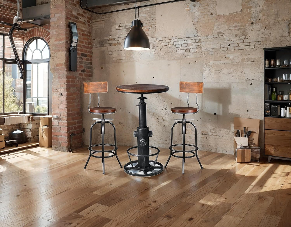 LOKKHAN 3-Piece Bar Table (38.6"-48.4") & 2 Backrest Stools (26...