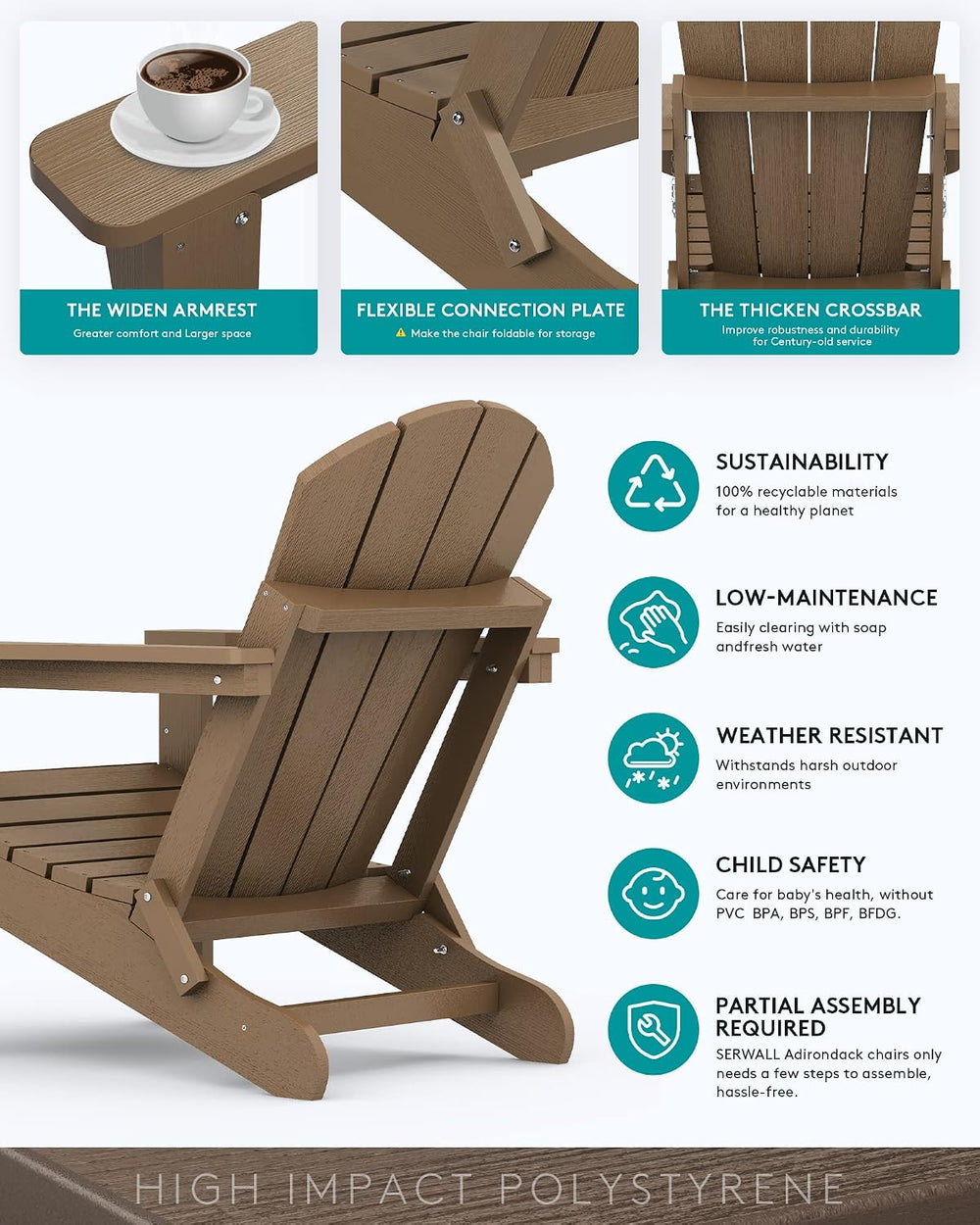 SERWALL Folding Adirondack Chair Set of 2, Cup Holder, Wood Texture -Brown