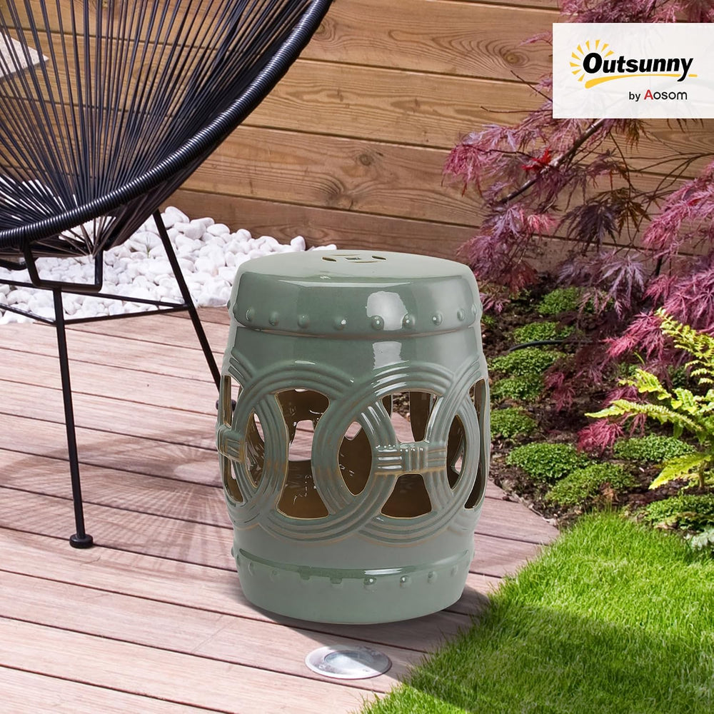 Outsunny 14" x 17" Ceramic Garden Stool Strong Glazed Material Green