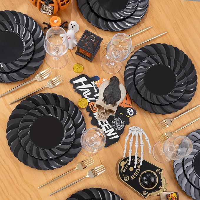 U-QE 60 Pcs Black Plastic Plates for Party – Scalloped Plastic Plates Heavy D...