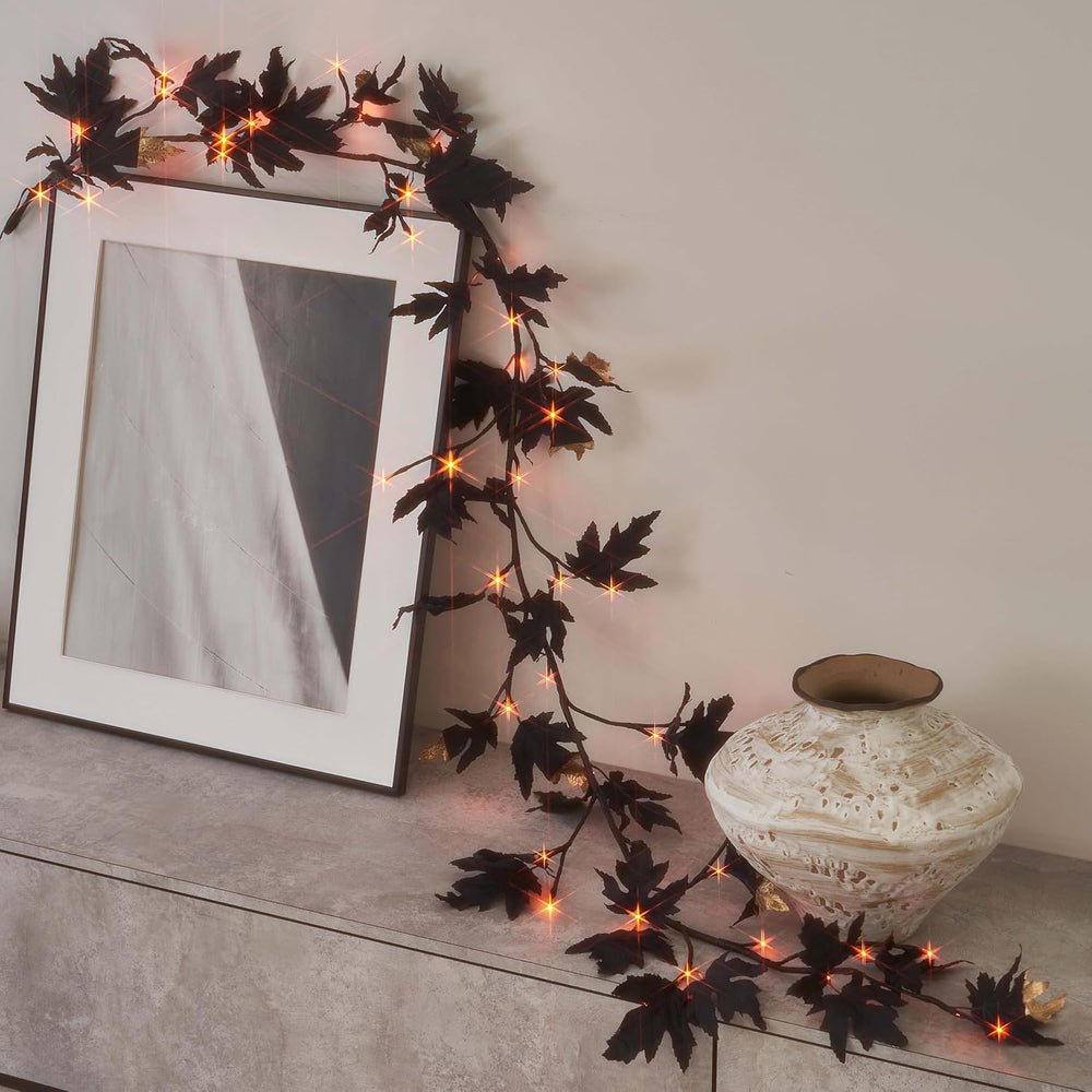 Birchlitland Halloween Black Maple Garland with Lights Timer 48 LED Orange an...