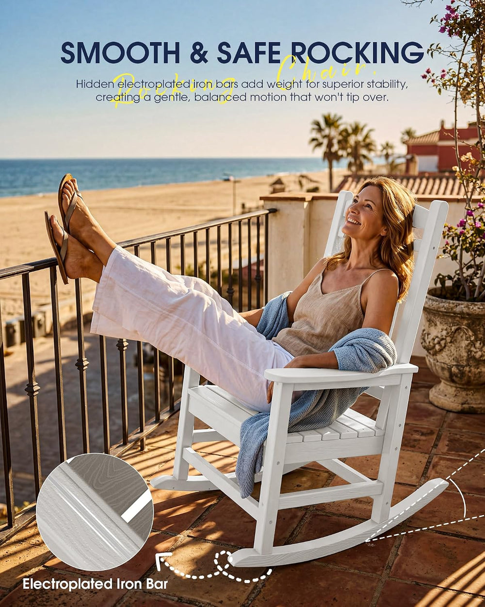 KINGYES Oversized Outdoor Rocking Chairs Set of 2, HDPE Porch Rocker, White