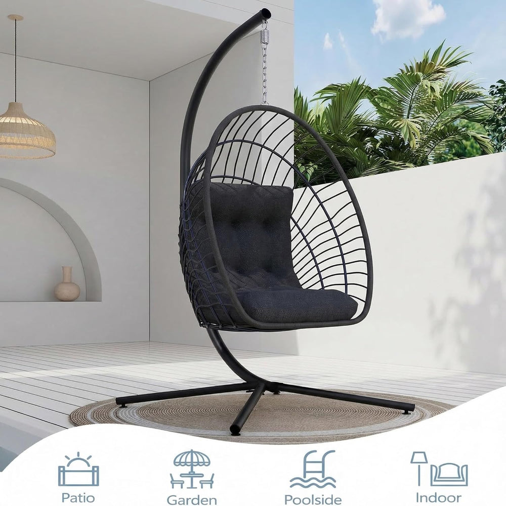 Kingdura Hanging Egg Chair with Stand Indoor Outdoor, Foldable Rattan Wicker ...