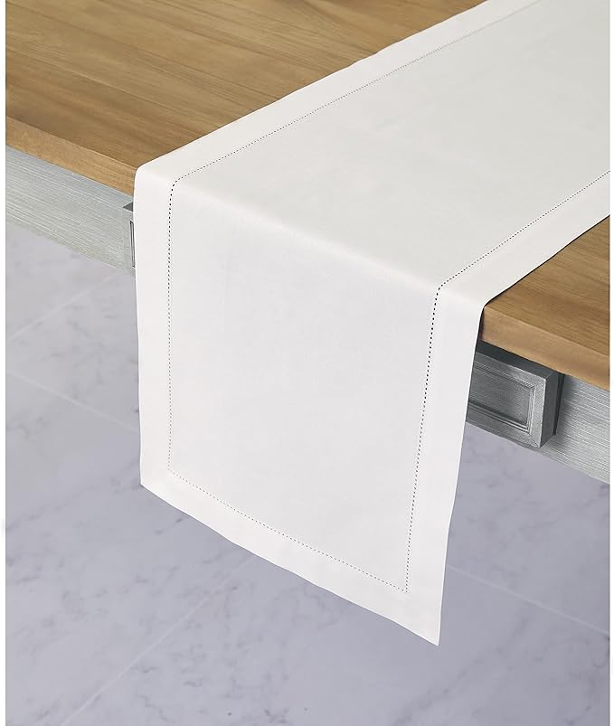 Solino Home White Table Runner 60 Inches - Cotton Linen Hemstitch Coffee Tabl...