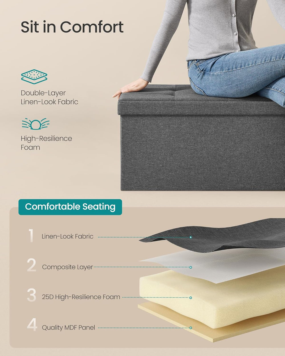 SONGMICS 43.3 Inches Folding Storage Ottoman Bench, Load 660 lb