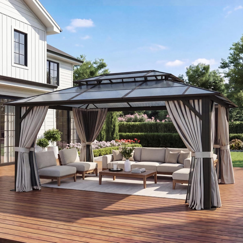 10'x12' Hardtop Gazebo Outdoor Permanent Gazebo with Double Polycarbo...