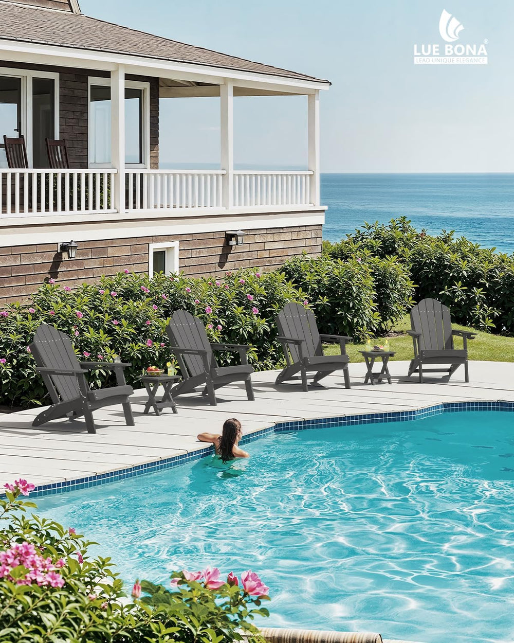 LUE BONA Folding Adirondack Chair, Cup Holder, Woodgrain, Fire Pit, Patio, Po...