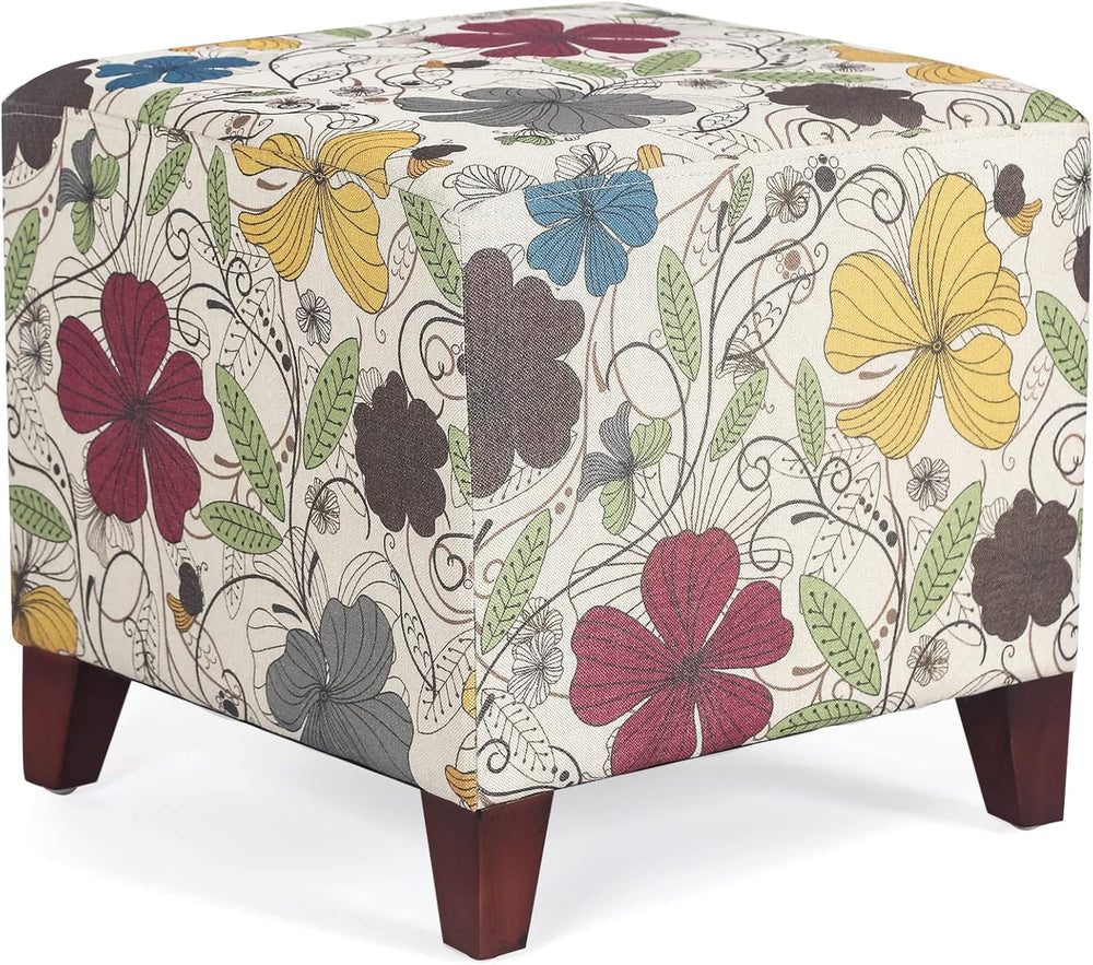 Adeco Floral Printed Linen Ottoman, 16.3" Upholstered Cube Foot Stool wi...