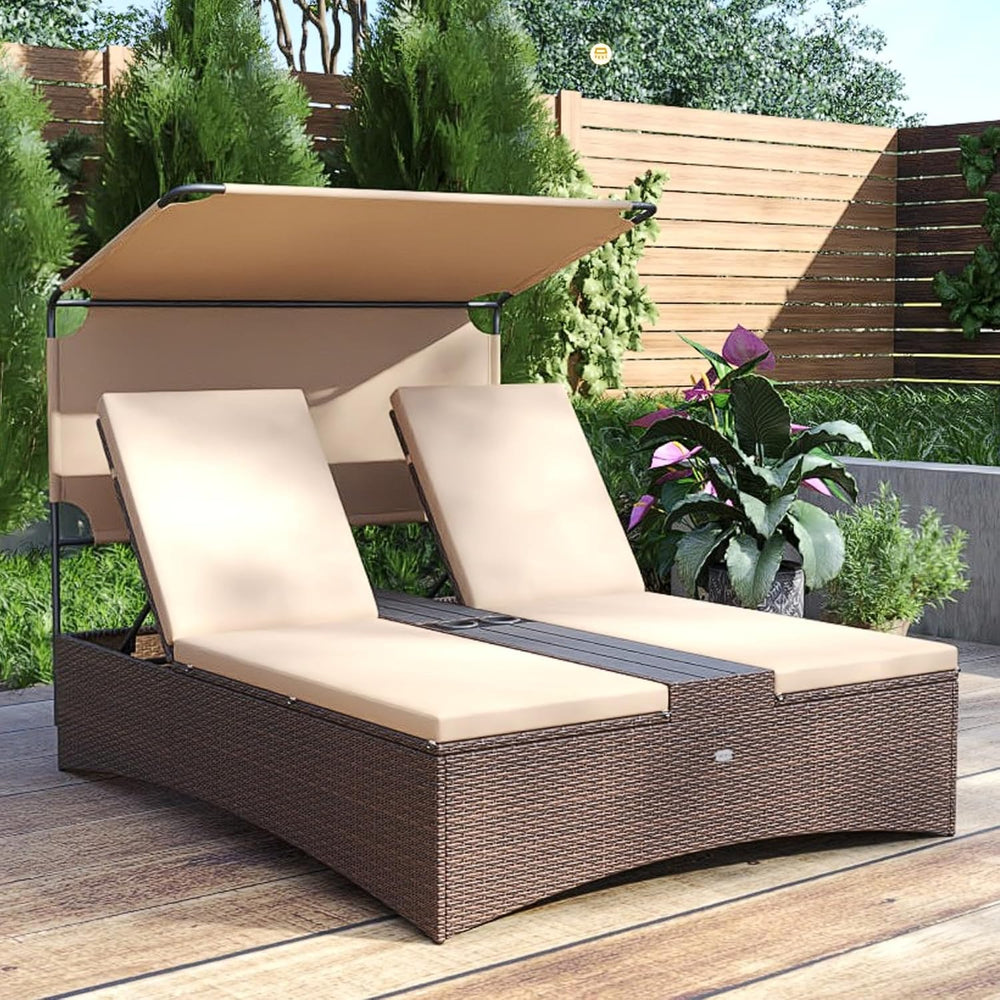 Tangkula Outdoor Rattan Daybed with Canopy & 4-Level Adjustable Backrests...