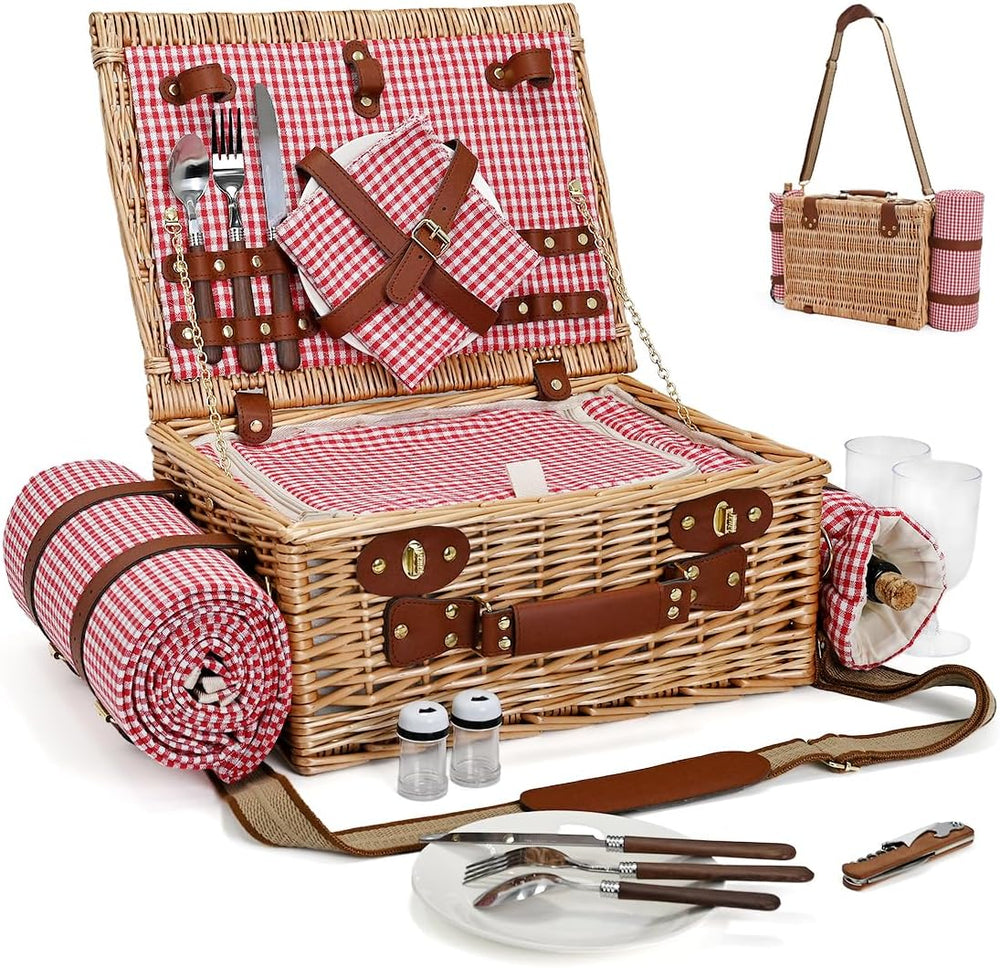 Picnic Basket with Blanket and Wine Pouch for 2, Wicker Picnic Set with Insul...