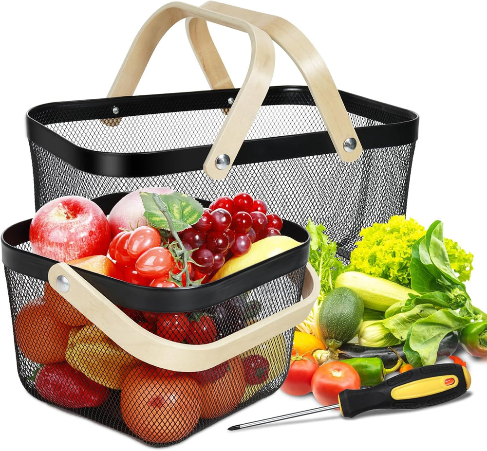 2 Pack Garden Harvest Basket, Metal Mesh Wire Picnic Basket with Handle