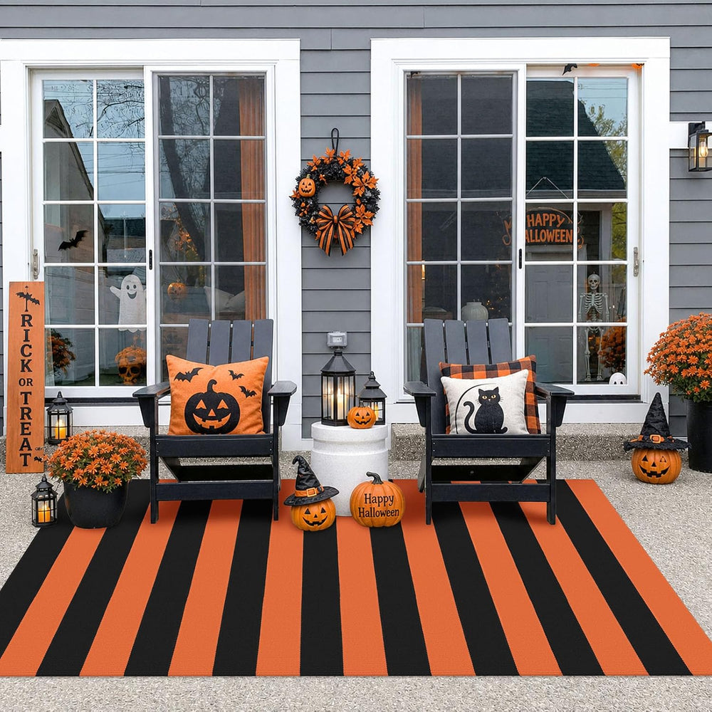 IOHOUZE Fall Striped Outdoor Rug 4x6, Washable Porch, Orange Black