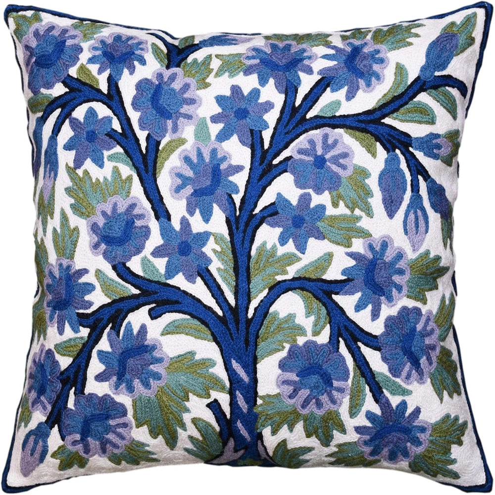 Blue Tree of Life Pillow Cover Indigo Plant Floral Pillowcase Needlepoint Bot...