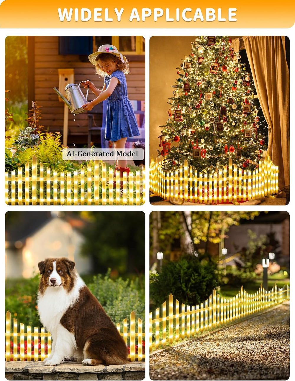 Hopolon 8 Pack Lighted Garden Fence, 11.1in (H) X 9.1ft (L) Warm White
