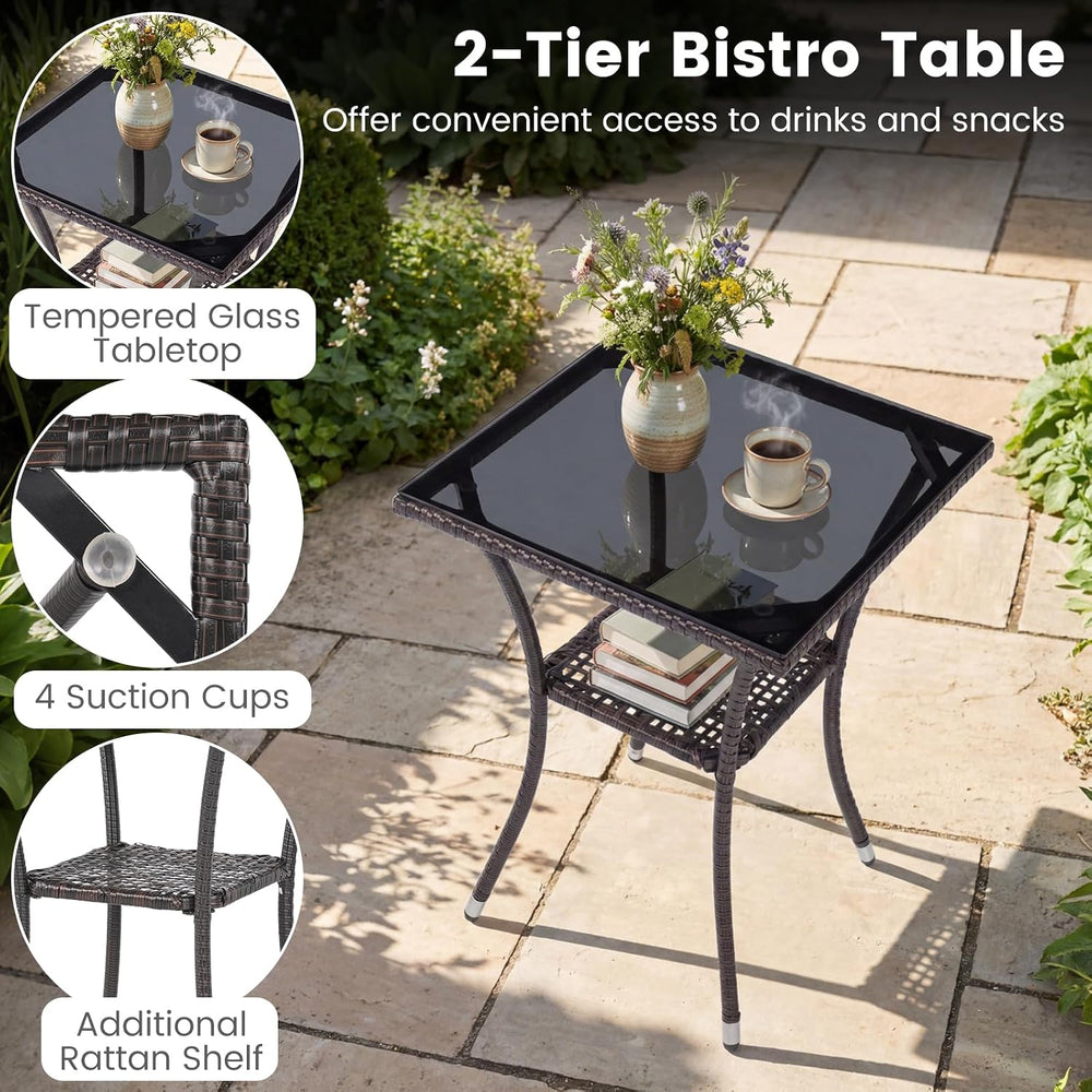 Tangkula 3 Pieces Patio Wicker Bistro Set, 2 Rattan Chairs w/ 2-Tier Tempered...