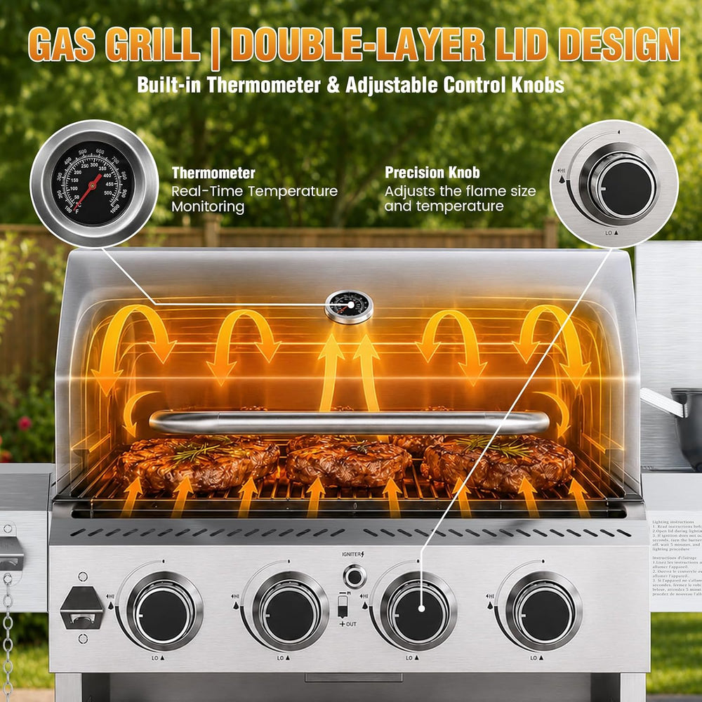 Electactic Stainless Steel 4-Burner Gas Grill with Side Burner – 42000BTU Pro...