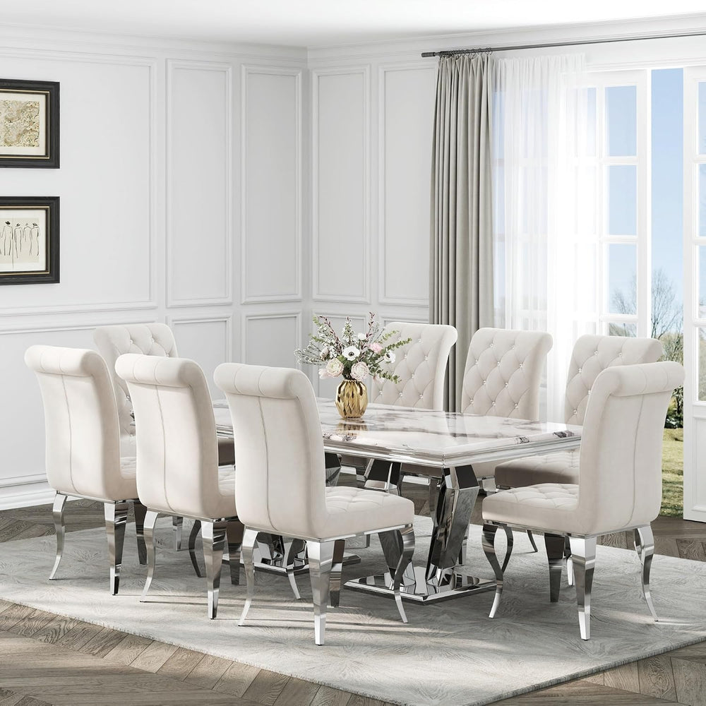 White Velvet Dining Chairs with Silver Mirrored Legs, Set of 6
