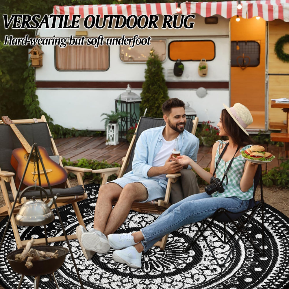 Cekene Round Outdoor Rugs for Patio 8Ft Waterproof Reversible Outdoor Patio R...