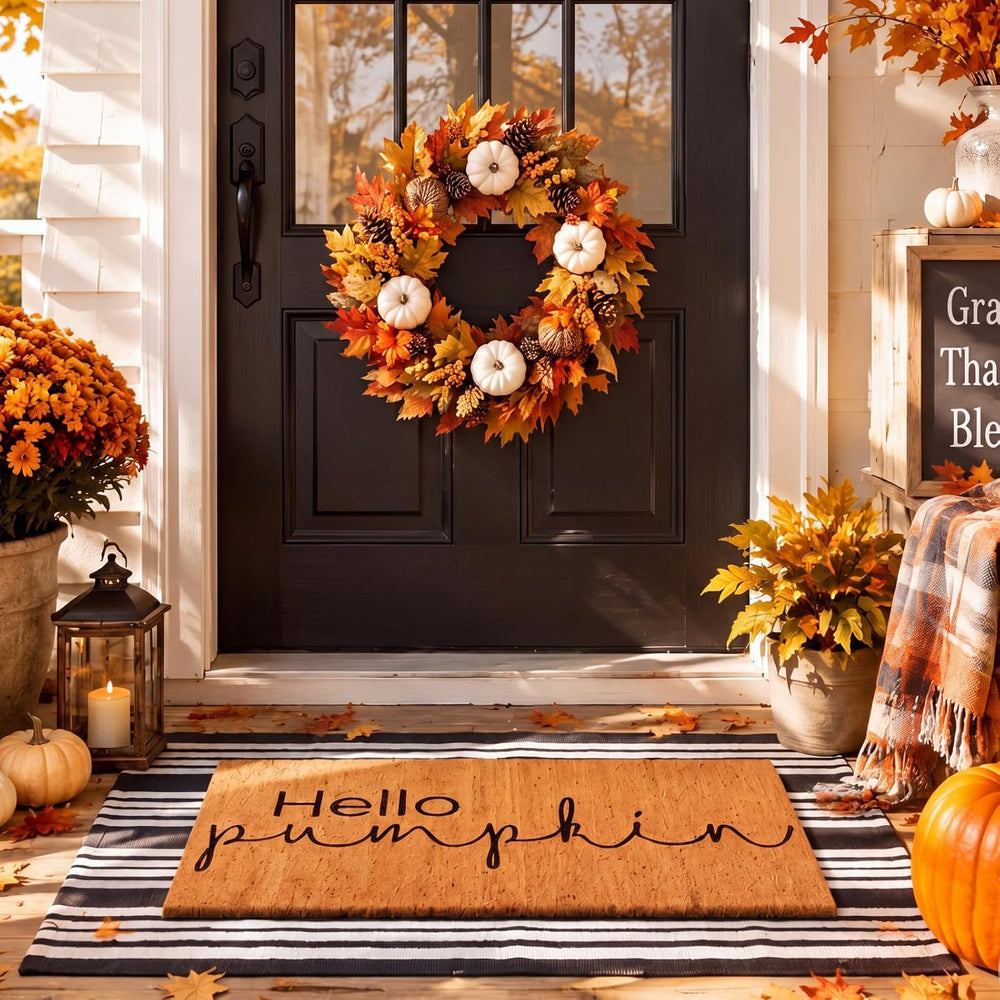 Duraaamo 2 Pcs Fall Front Door Mats, Hello Pumpkin Coir Doormat, Non Slip