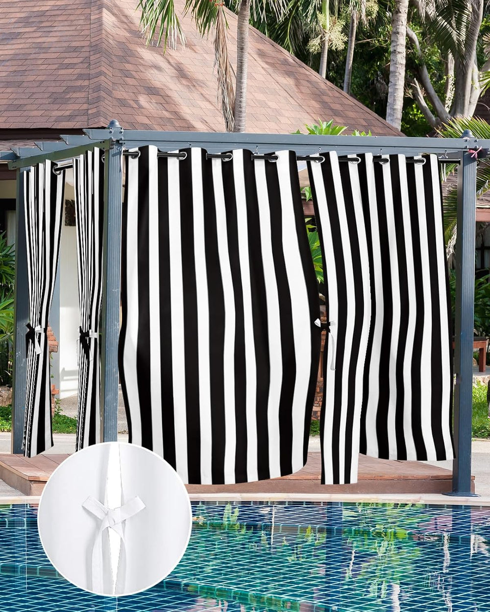 Outdoor Curtains for Patio Waterproof Black and White Stripe Indoor/Outdoor C...