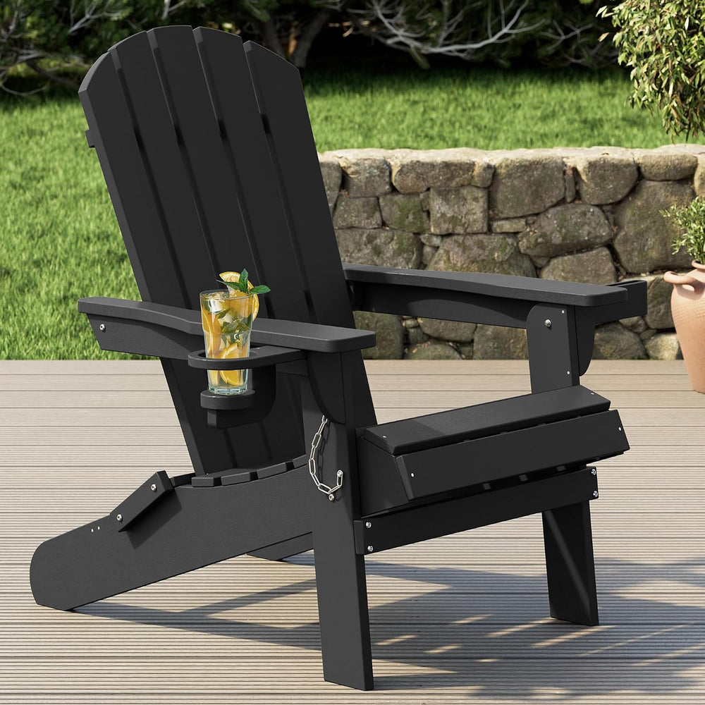 Shintenchi Folding Adirondack Chair,HDPE All-Weather Patio Chair with Cup Hol...