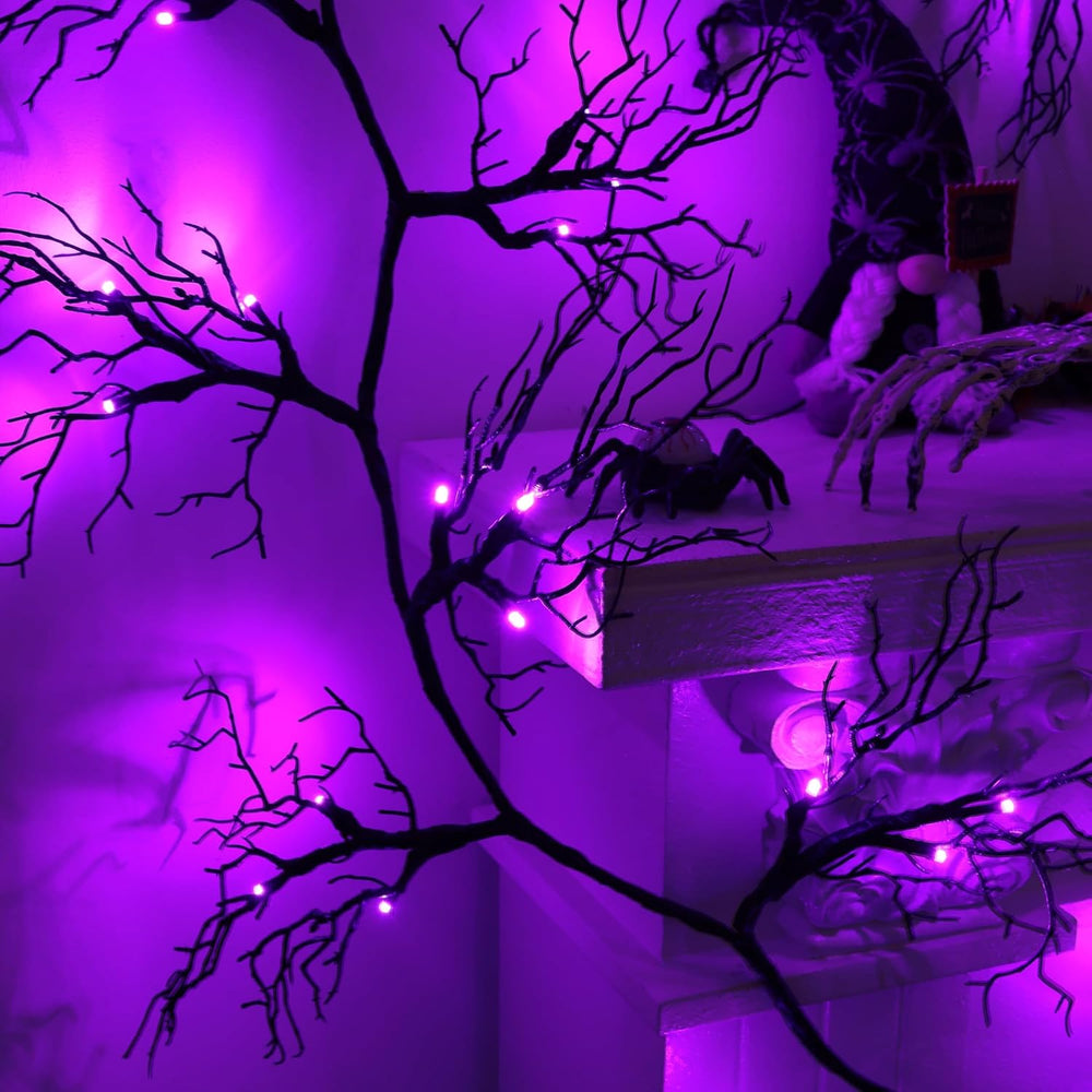 9 Ft 66 LED Willow Vine Twig Decor Black Halloween Garland with Purple Lights...