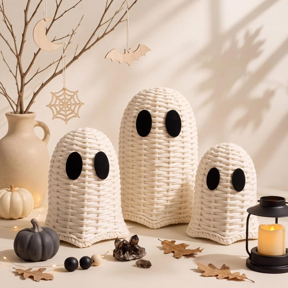 Geelin White 3 Pcs Halloween Rattan Wicker Ghosts Decoration Cute Farmhouse G...