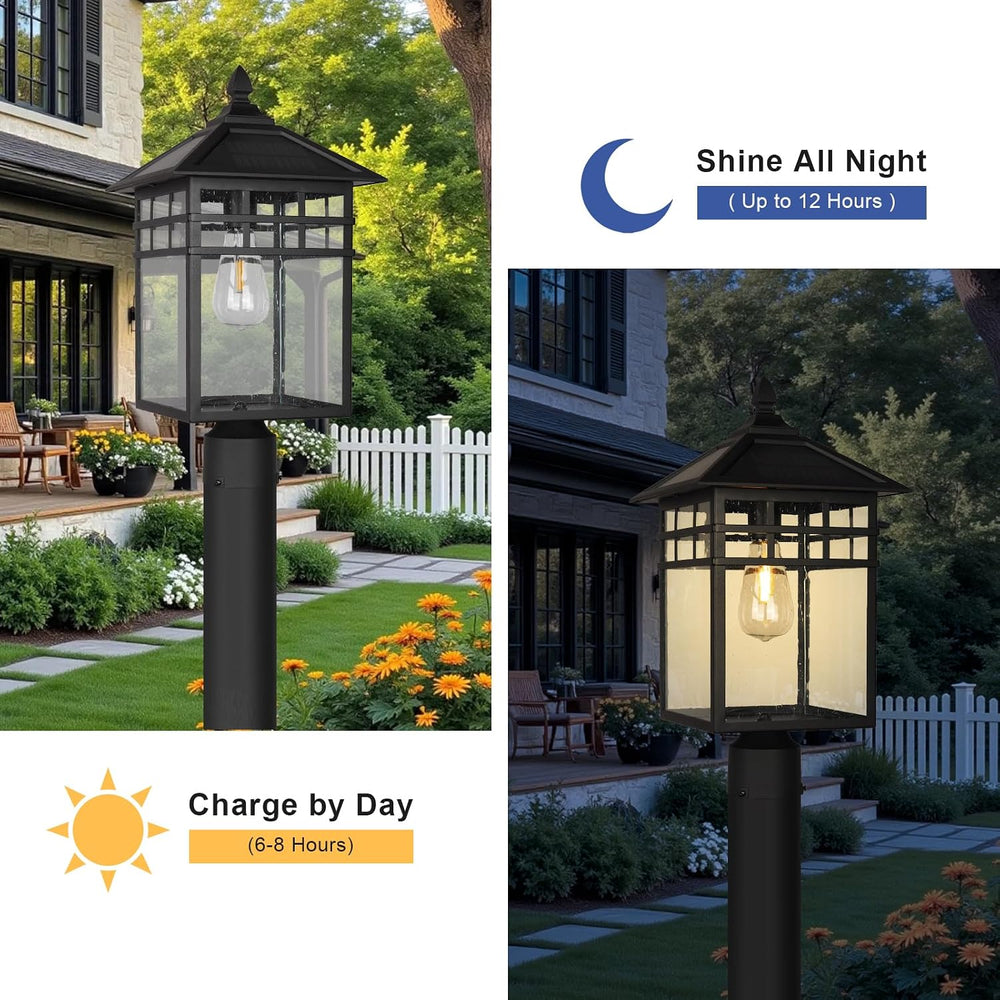 Solar Outdoor Post Lantern Light, Modern Exterior Pillar Lighting with Black ...
