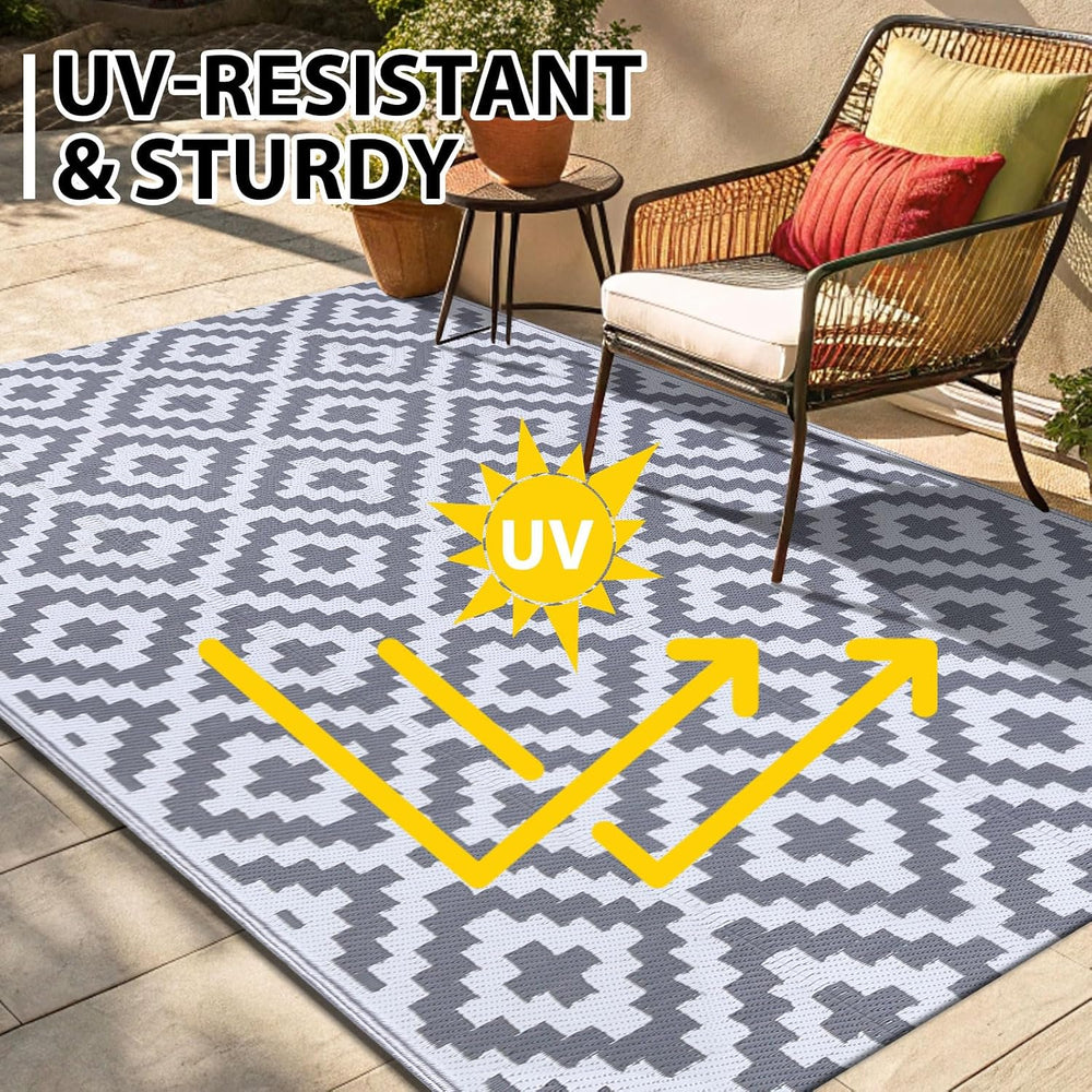Smiry Outdoor Rug 5x8 ft Waterproof Reversible Boho Mat, White & Grey