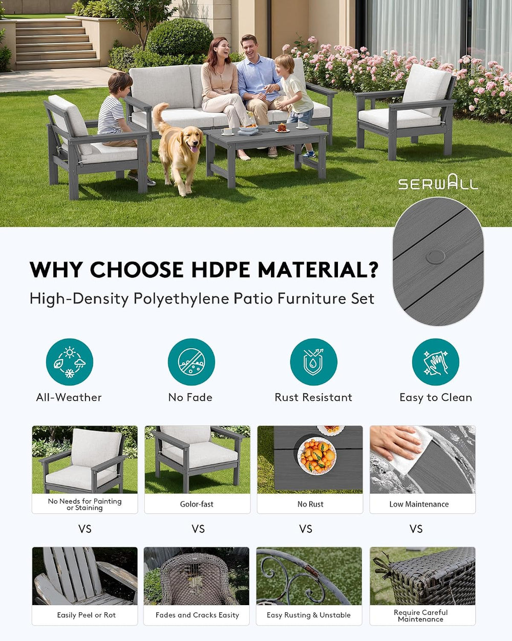 SERWALL HDPE Outdoor Patio Furniture Set Outdoor Couch