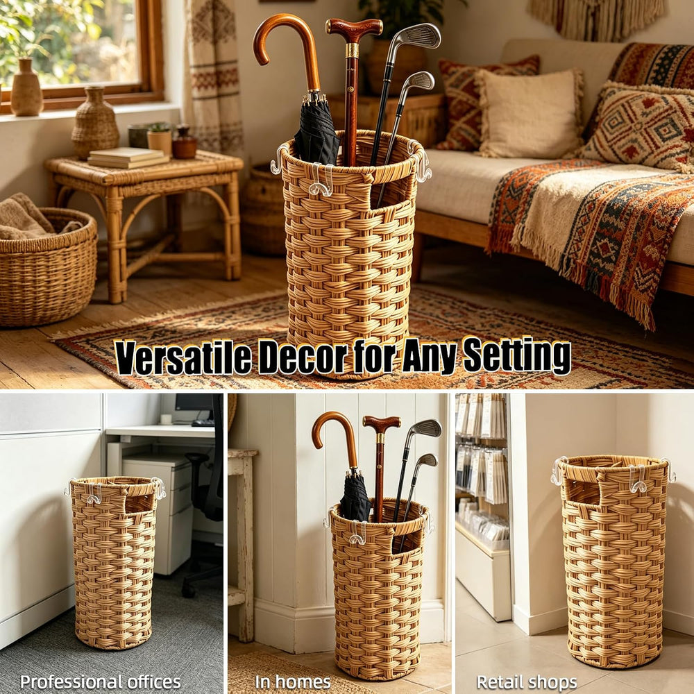 Rattan Umbrella Stand with Drip Tray - Hand Woven Entryway Umbrella Holder