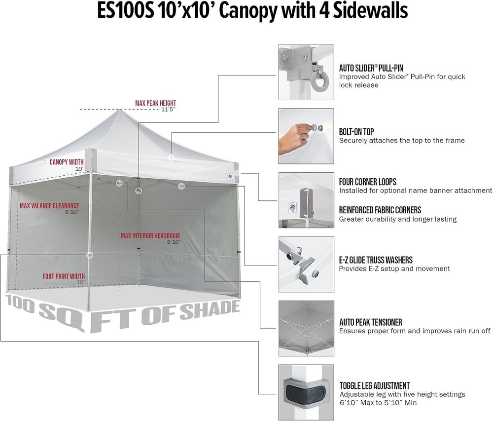 E-Z UP ES100S Instant Commercial Pop Up Canopy Tent, 10' x 10' with 3...