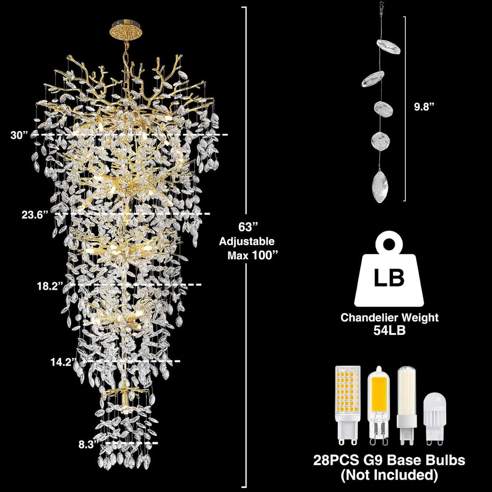 118'' Long Chandelier for High Ceiling, 28-Light Luxury Gold Tree Bra...