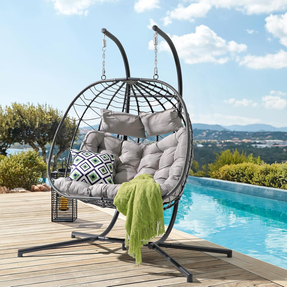 Patiorama 2 Person Double Egg Swing Chair with Stand, Wicker, Light Grey