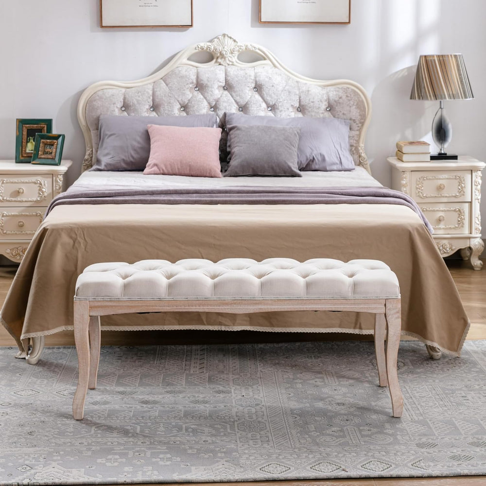 French Upholstered Tufted Entryway Bench, Mid-Century Vintage Linen Fabric Ot...