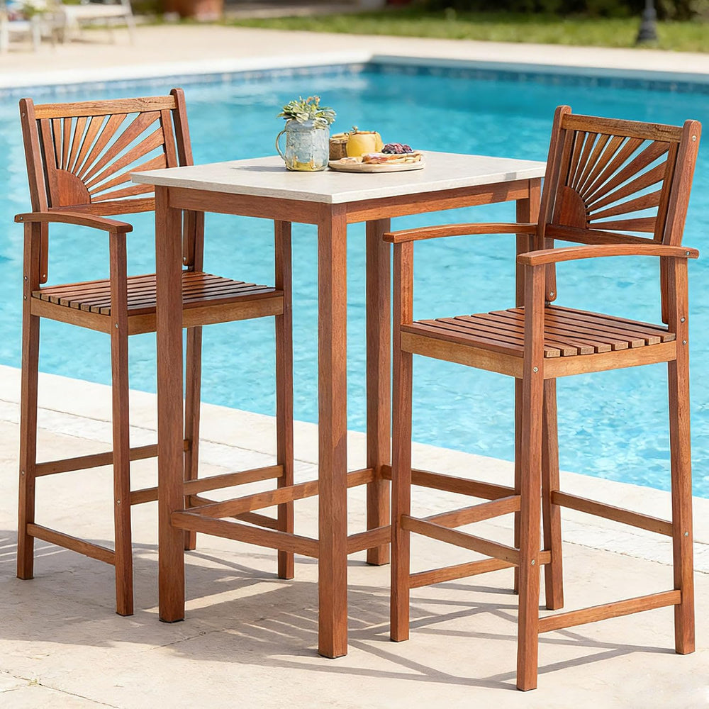 COSTWAY 29'' Outdoor Acacia Wood Bar Chairs Set of 4 with Back and Ar...