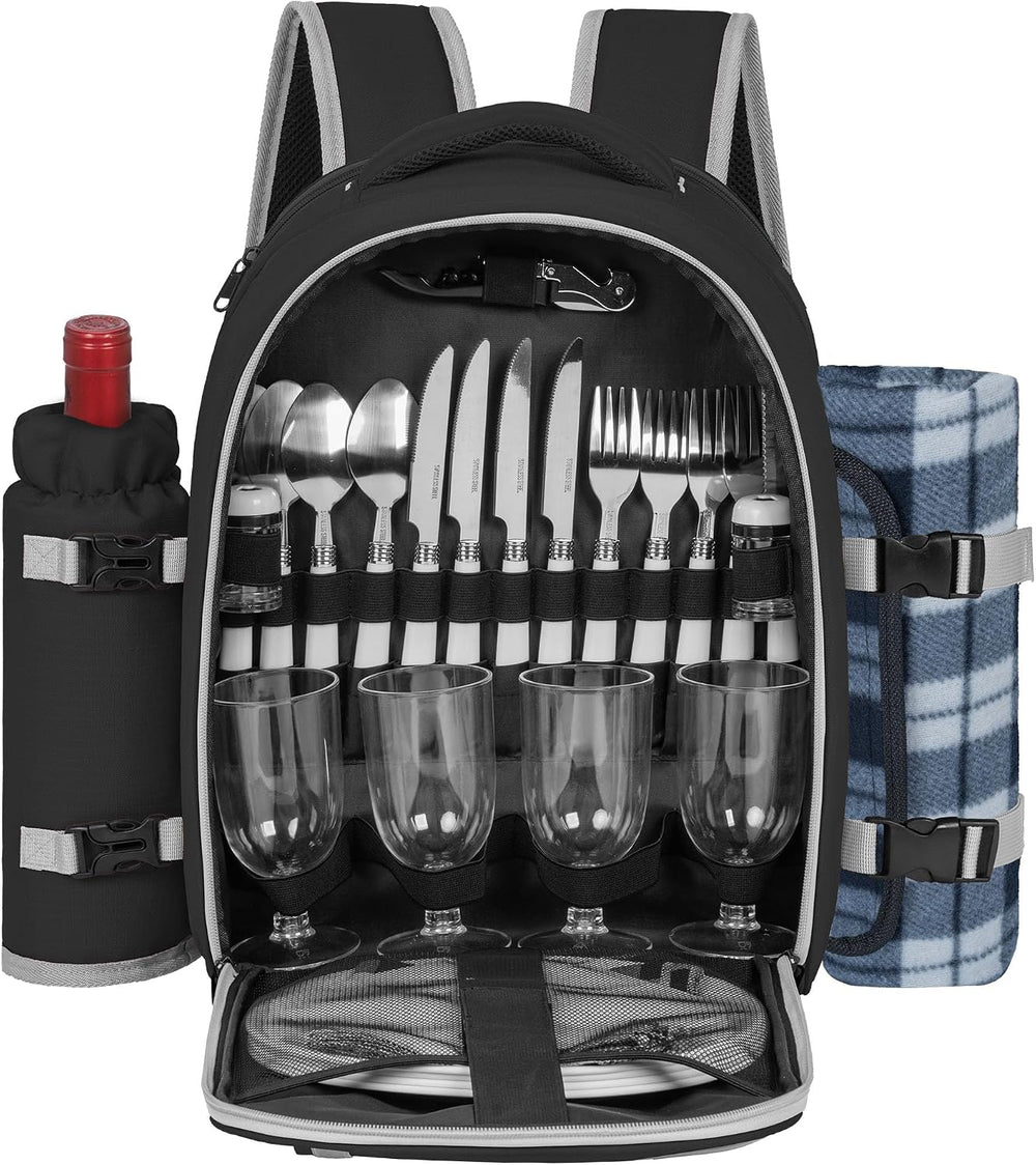 Picnic Backpack for 4 Persons with Insulated Leakproof Cooler Compartment, Cu...