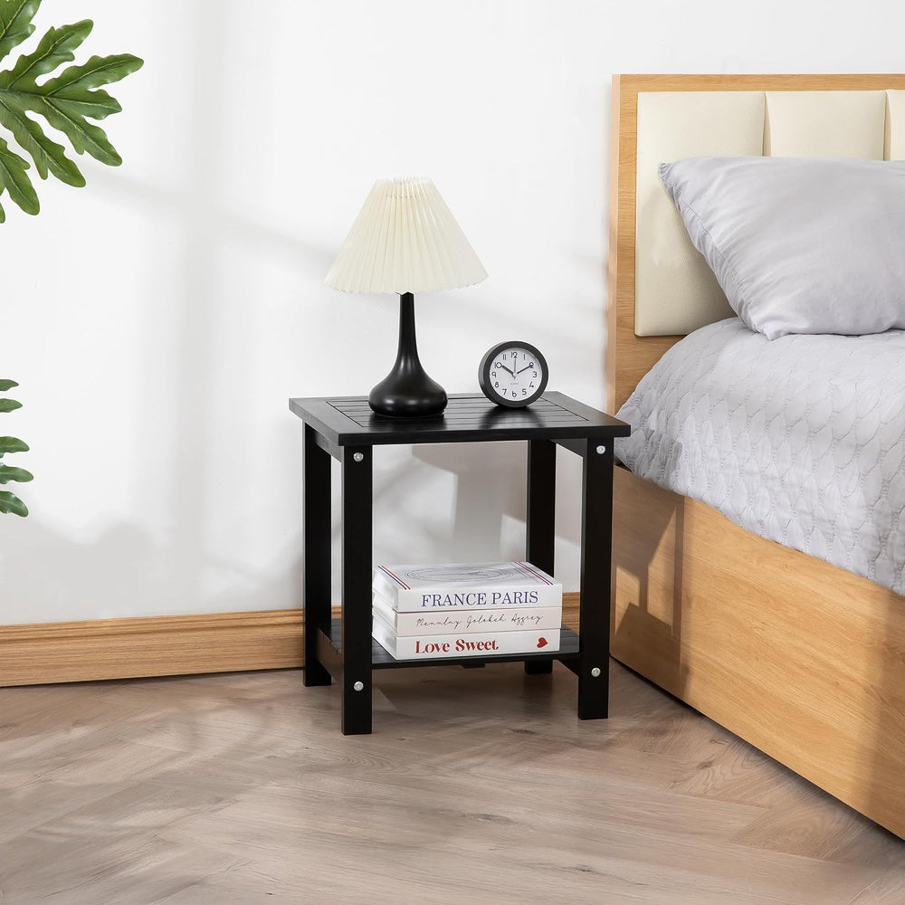 Acacia Wood Adirondack Side Table, 2-Tier Outdoor End Table - Black