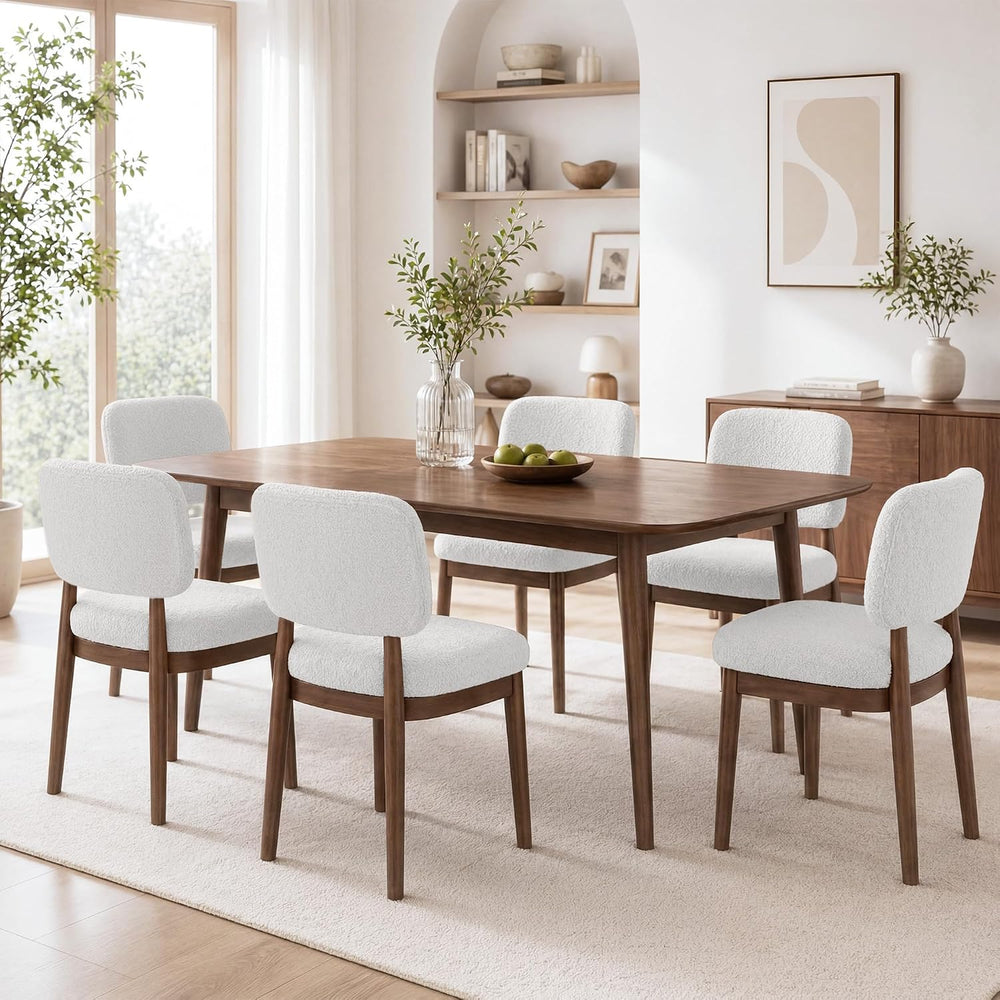 Wooden Dining Chairs Set of 6, Boucle Upholstered Kitchen Chairs with Solid W...