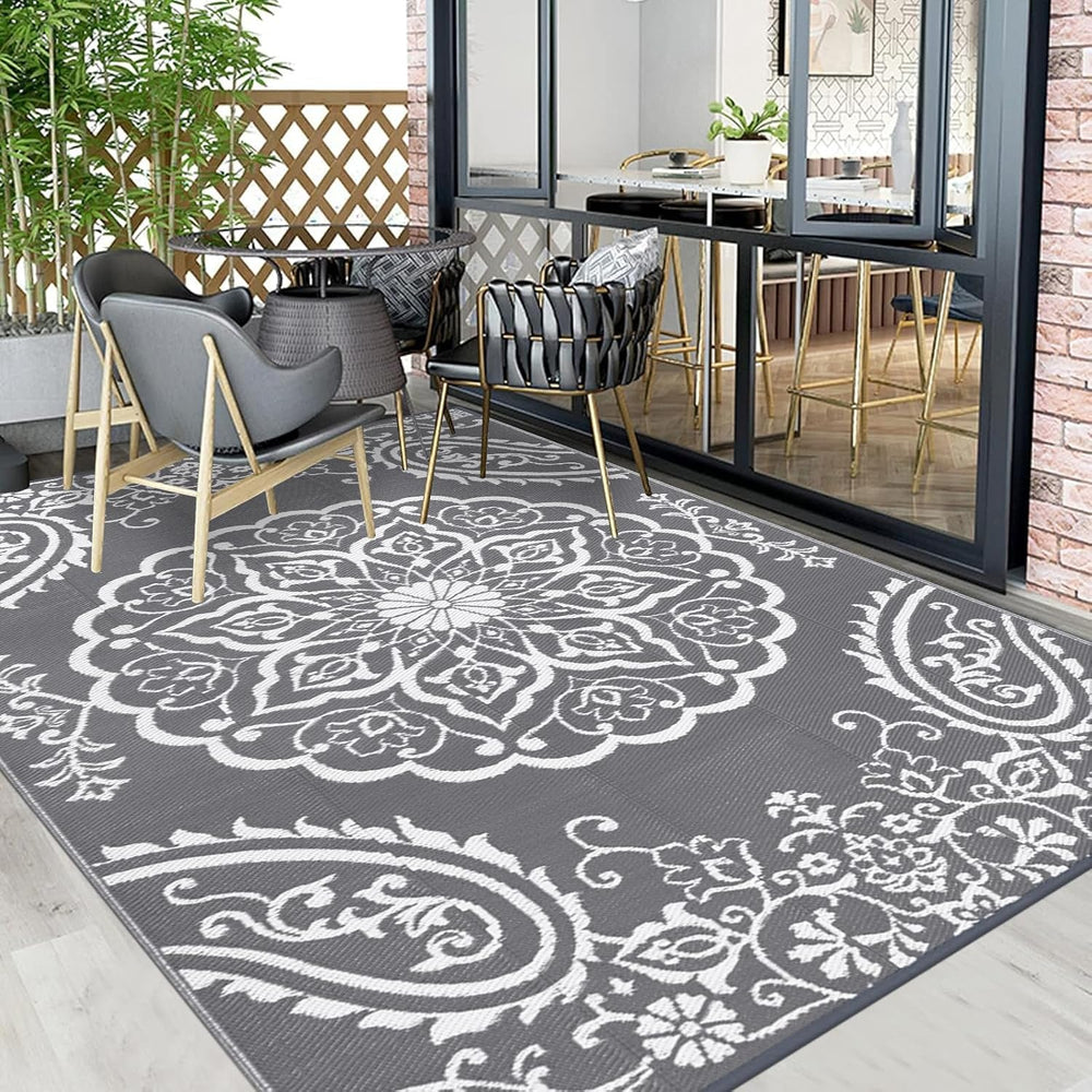Pauwer Outdoor Rug 10x14, Waterproof Plastic Straw Camping Rug, Boho Grey