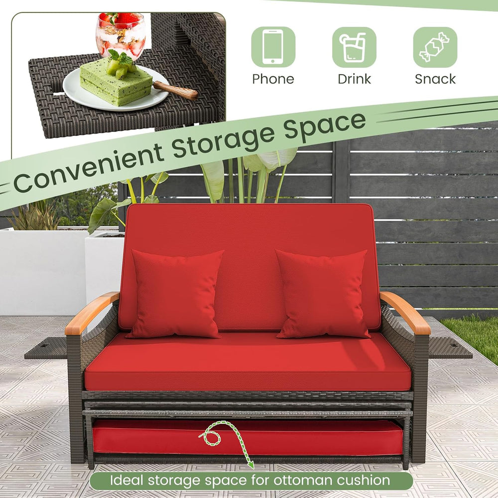 Tangkula Patio Rattan Daybed, Outdoor Wicker Loveseat, Mix Brown & Red
