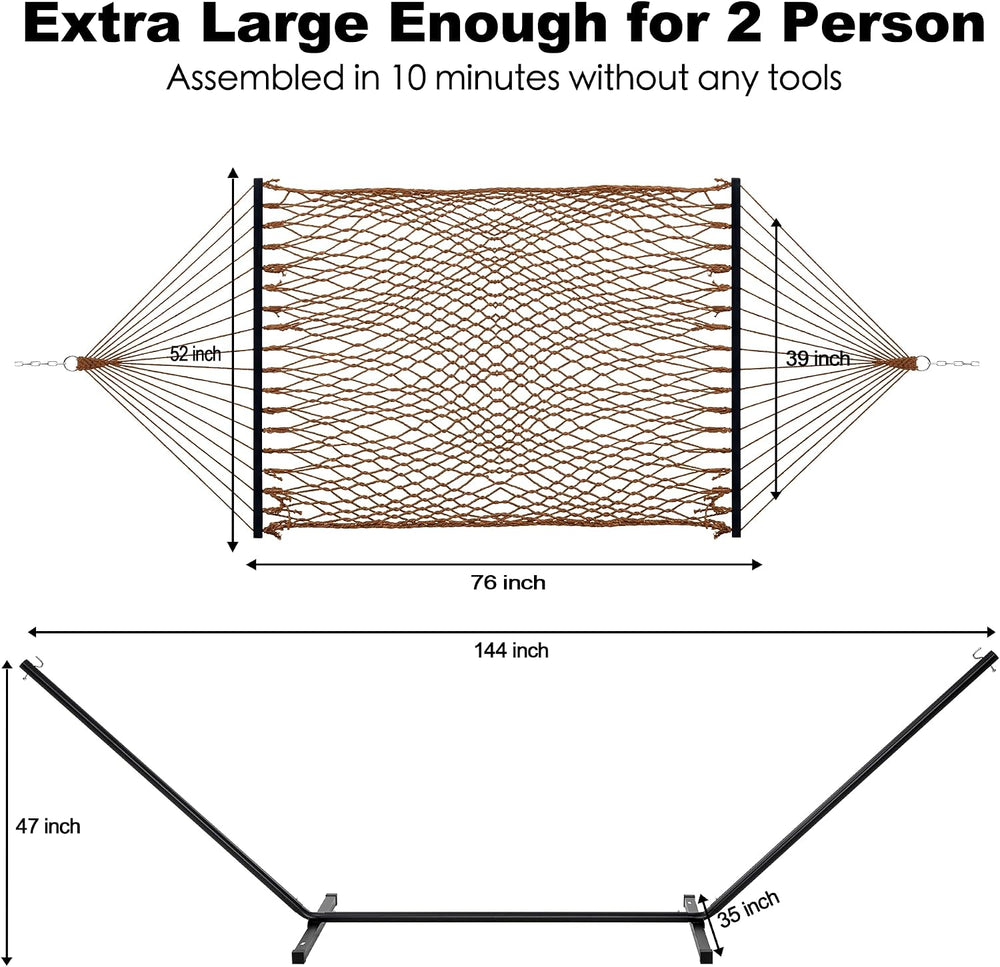 GAFETE 2 Person Rope Hammock with Stand for Outside, 12 Ft, 475 lb Capacity