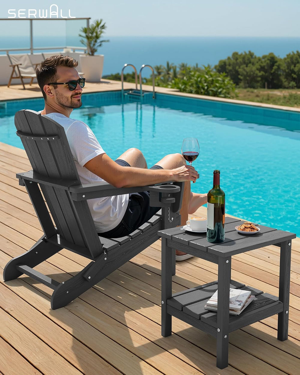 SERWALL 2-Tier HDPE Outdoor Side Table, Weatherproof Rectangular Adirondack S...