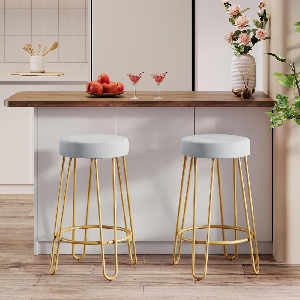 Yaheetech Bar Stools Set of 2, Velvet Counter Stools, Gold Metal Legs, Gray