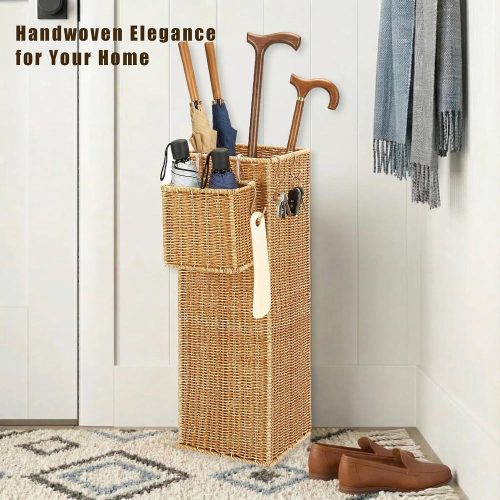 Wicker Umbrella Stand for Entryway, Tall Rattan Holder with Tray