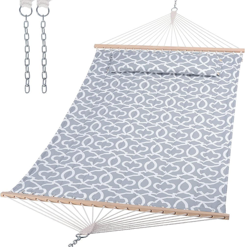 SUNCREAT Double Quilted Hammock with Hardwood Spreader Bar, Grey Pattern