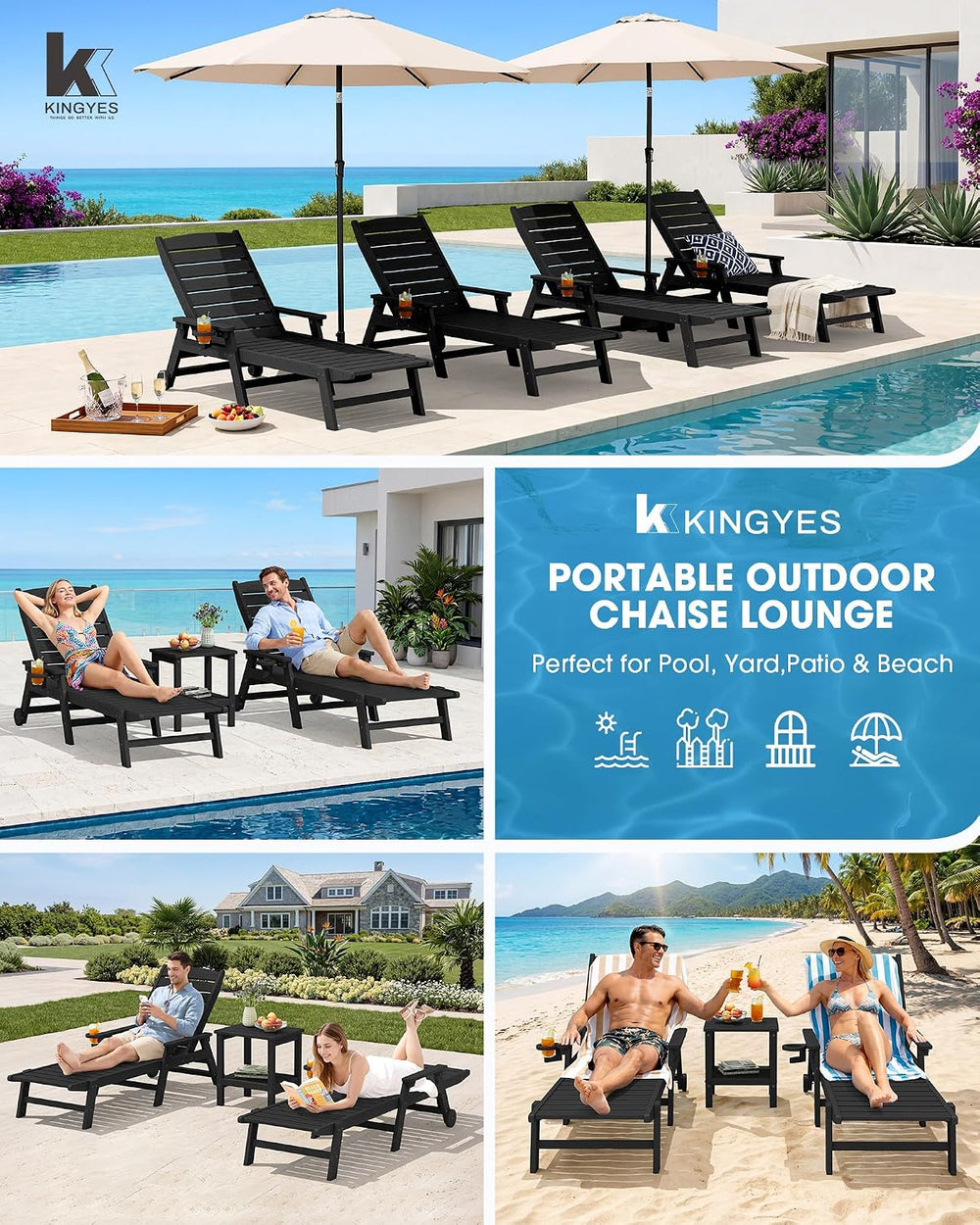 KINGYES HDPE Lounge Chair Outdoor Set of 2, All Weather Pool Lounger