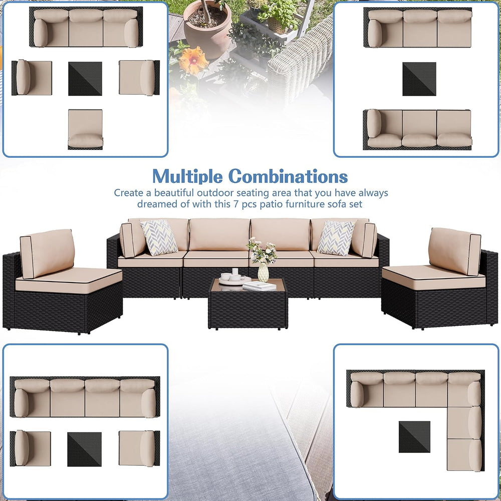 Shintenchi 7 Piece Outdoor Patio Furniture Set with Black PE Rattan, Khaki
