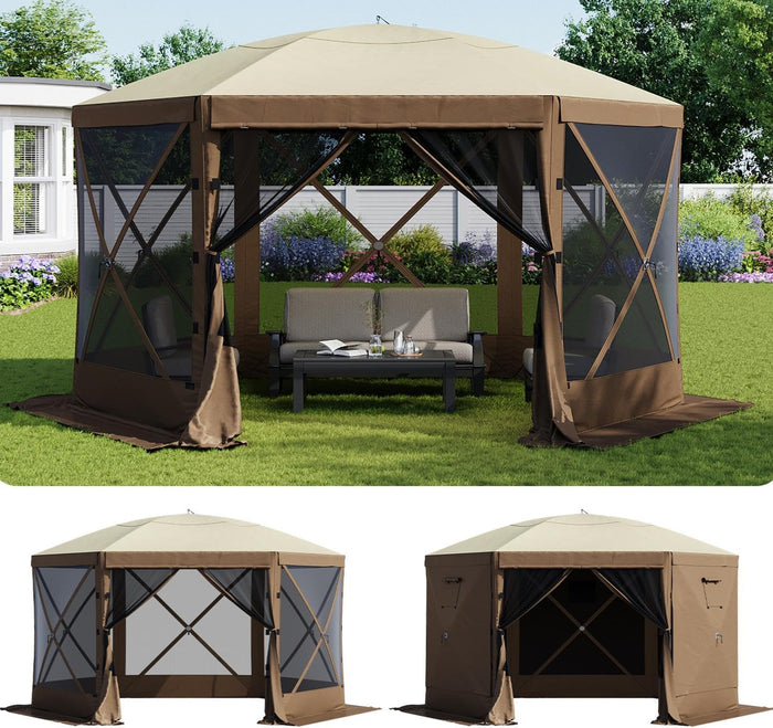 Aoxun 12x12ft Pop Up Canopy Tent, Camping Gazebo Screen Tent, Brown